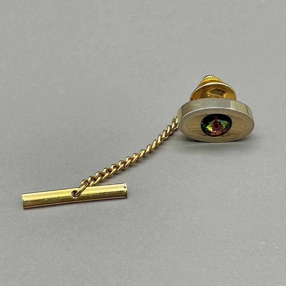 Sarah Coventry Tie Tack Rivoli Watermelon Rhinestone Gold Tone Vintage Chain
